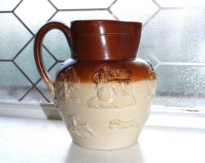 Antique Doulton Lambeth Stoneware Pitcher with Tavern & Hunting Scenes