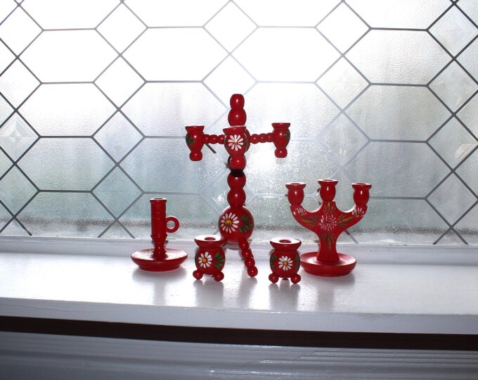5 Vintage Swedish Painted Wood Candle Holders Scandinavian Folk Art