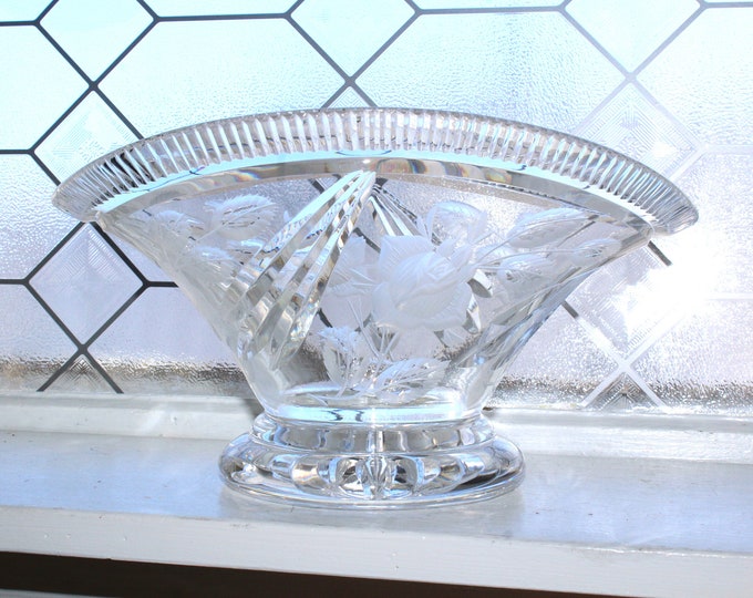 Large Vintage Cut Crystal Fruit Bowl with Intaglio Roses Decoration