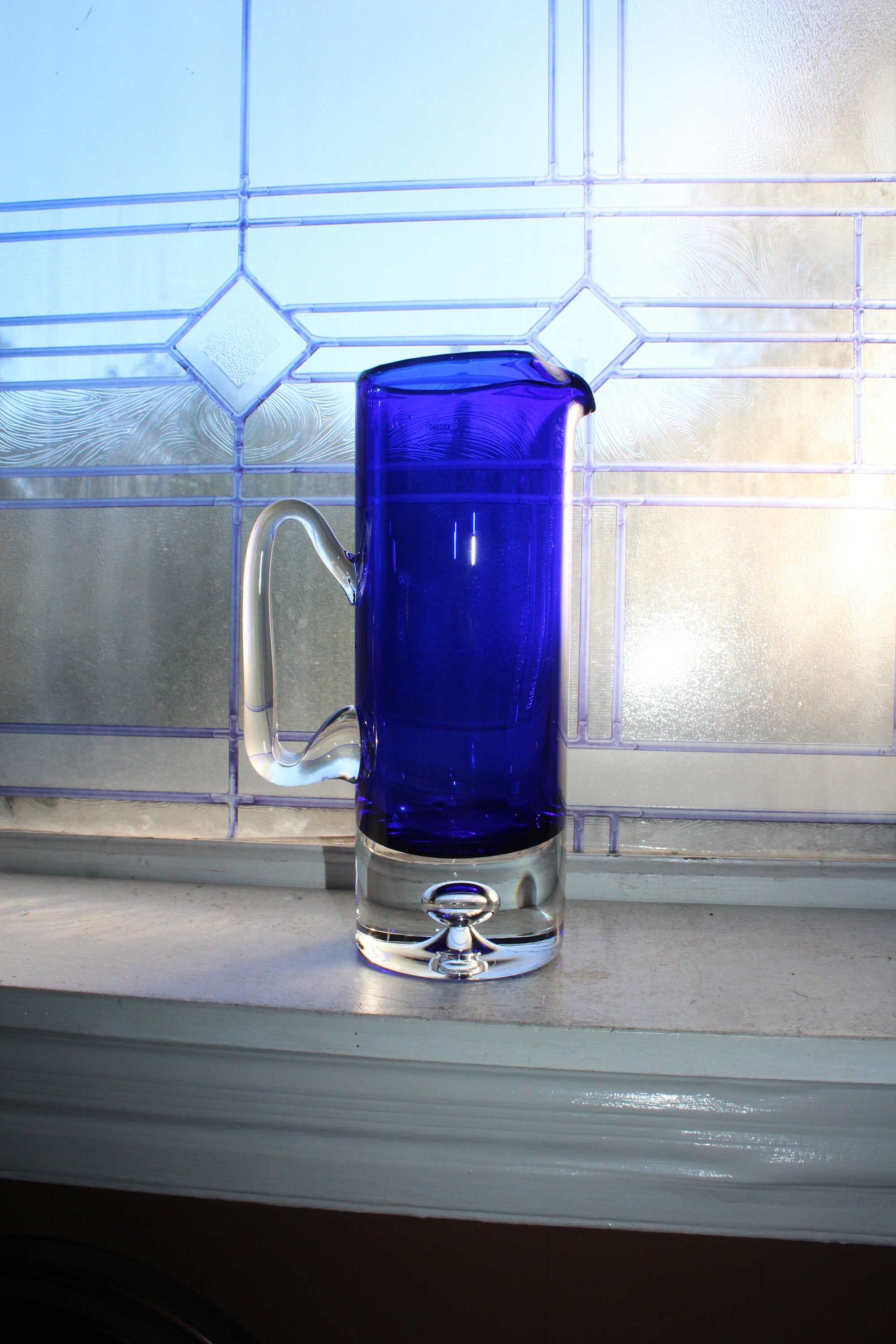 Cobalt Blue Glass Block Stockholm Martini Pitcher Krosno Suspended Bubble