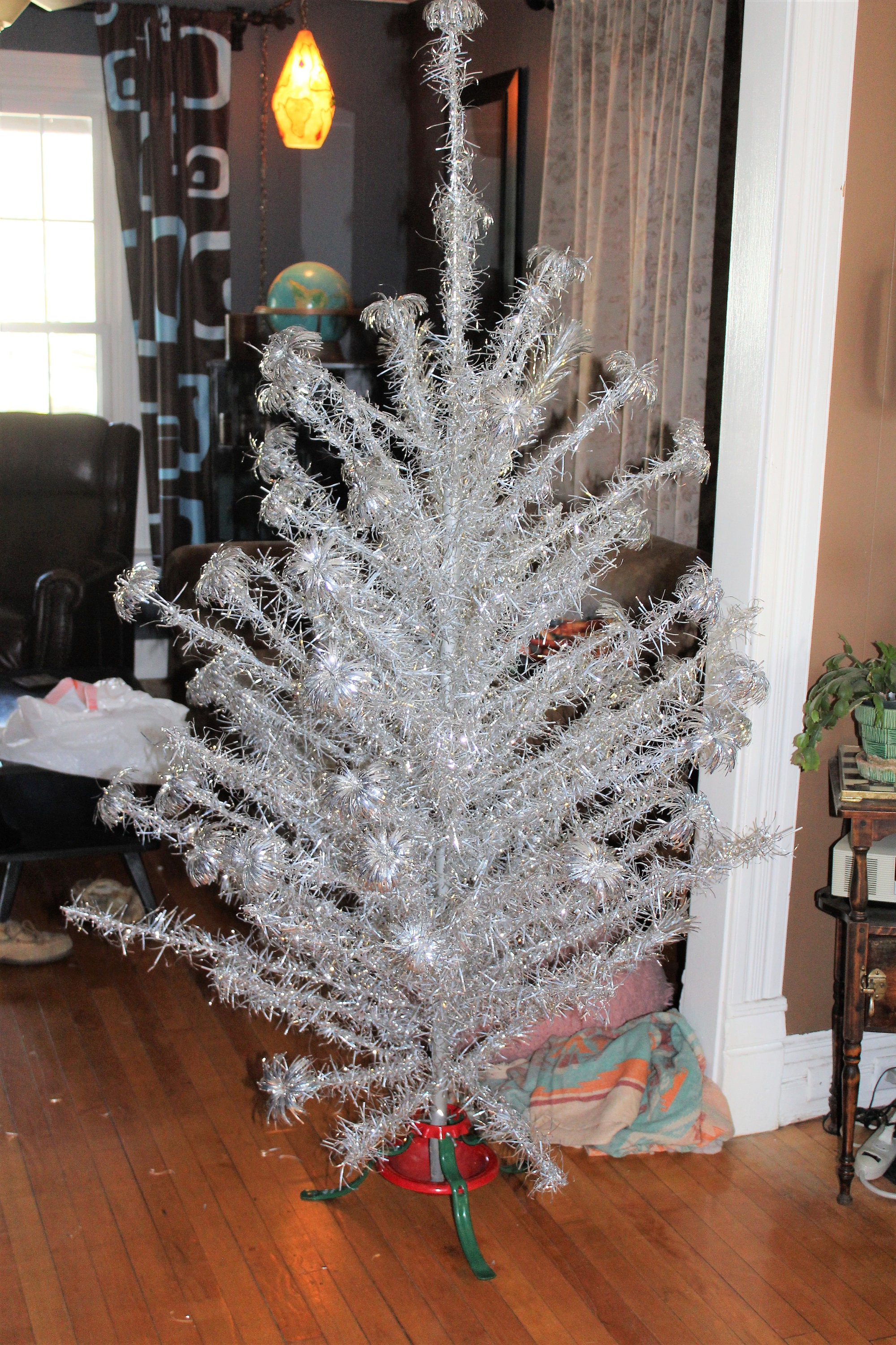 Vintage 6 ft Aluminum Pom Pom Christmas Tree with Color Wheel