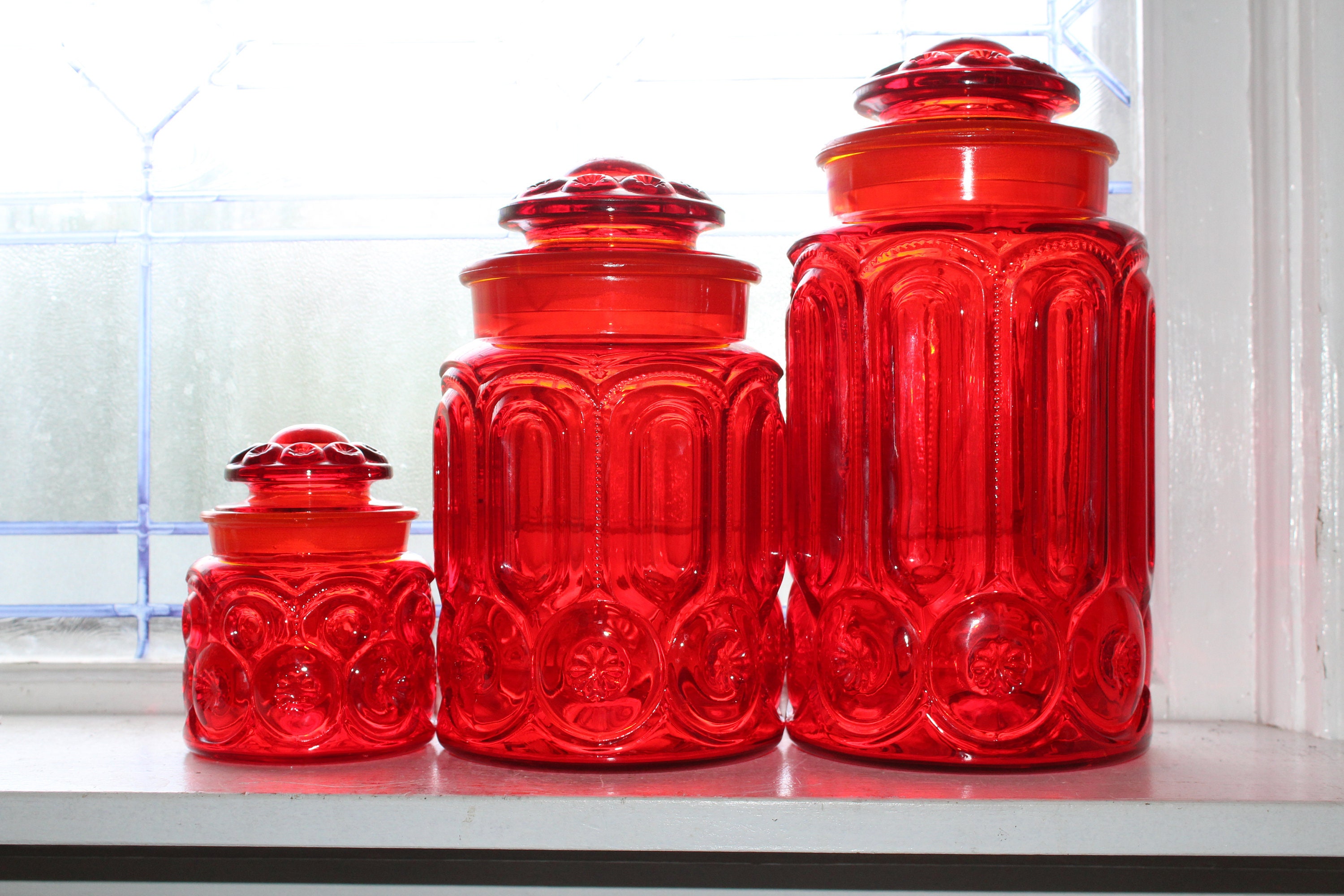 Vintage Red Moon & Star Glass Kitchen Canister Set