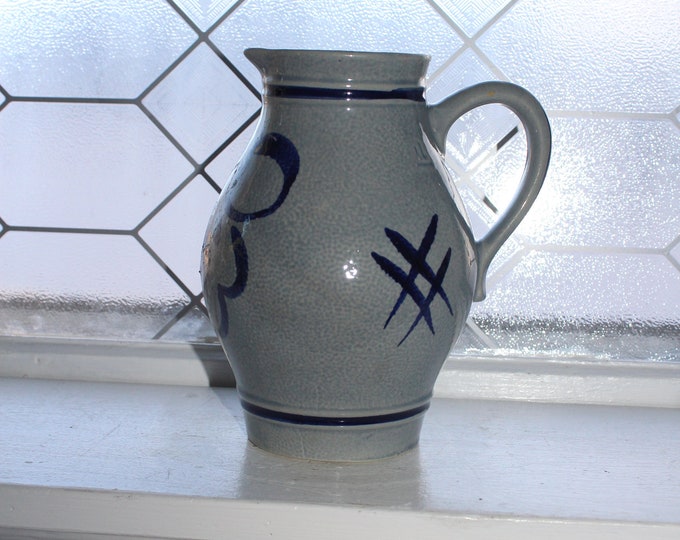 Vintage German Stoneware Crock Pitcher Cobalt Blue Decorated