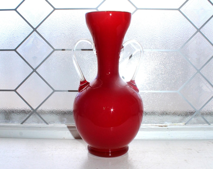 Vintage Italian Stelvia Empoli Vase Opalina Fiorentina Red Glass w/ Handles