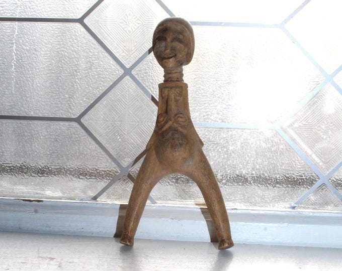 Antique African Baule Ivory Coast Carved Wood Sling Shot Figural Crocodile & Man