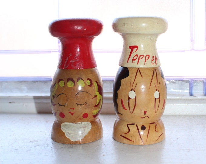 Vintage Salt and Pepper Shakers 1950s Large Wood Chefs