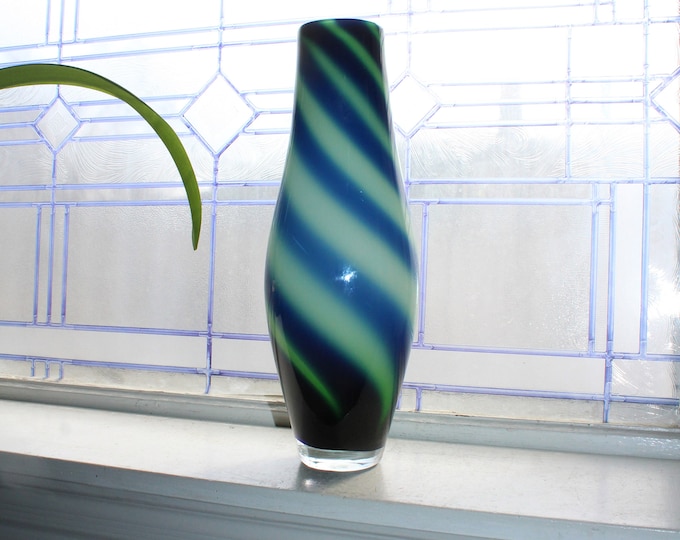 Large Art Glass Blue Green Spiral Striped Vase by Eastern 14"