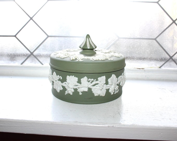 Vintage Wedgwood Round Trinket Box Celadon Green and White Jasperware