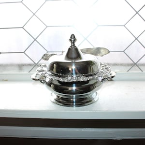 May include: A silver-colored butter dish with a lid and a small butter knife. The dish sits on a white surface in front of a window with a geometric pattern.