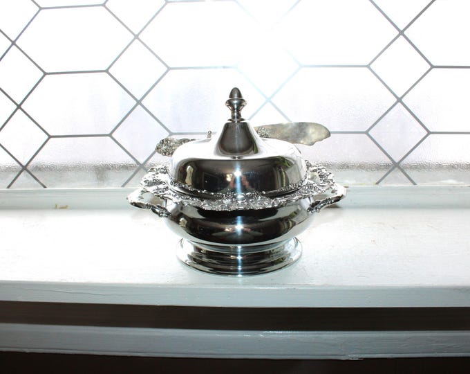 Antique Silverplate Round Butter Cheese Dish with Knife EG Webster Grape Pattern