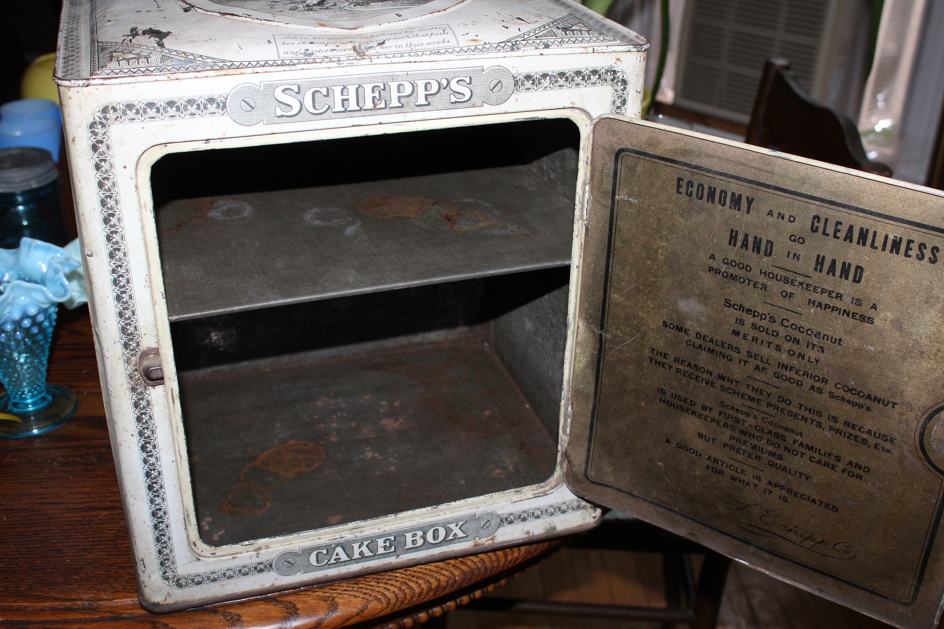 Antique Tin Schepp's Cake Box Circa 1910s Country Kitchen Decor