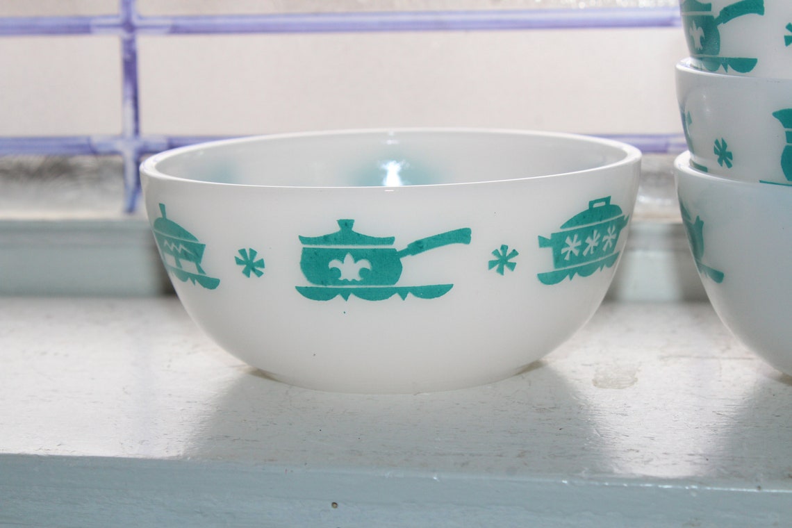 4 Vintage Milk Glass Cereal Bowls Blue Kitchen Aids Hazel Etsy