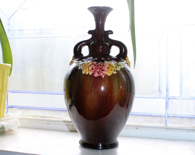 Peters and Reed Pottery Handled Vase 10" Sprigware Antique 1910s