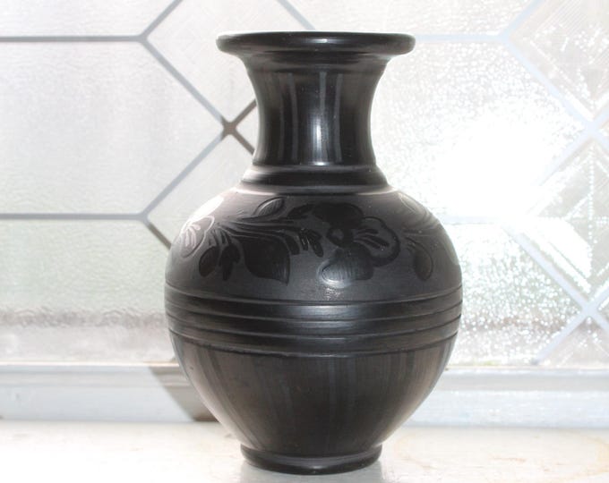 Vintage Black Carved Pottery Vase Hungary