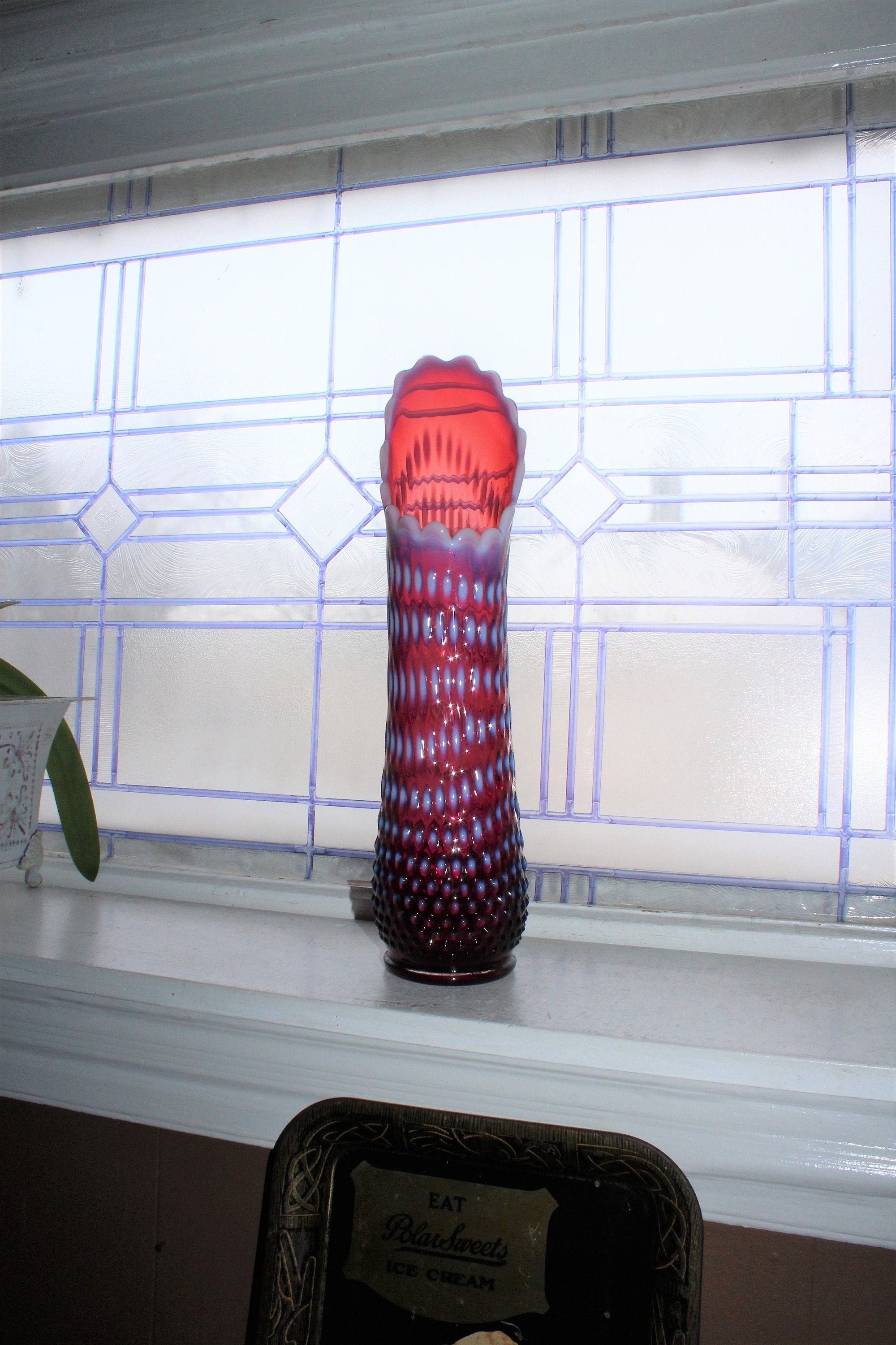 Large Vintage Fenton Plum Purple Vase Hobnail Swung Glass 15 3/4