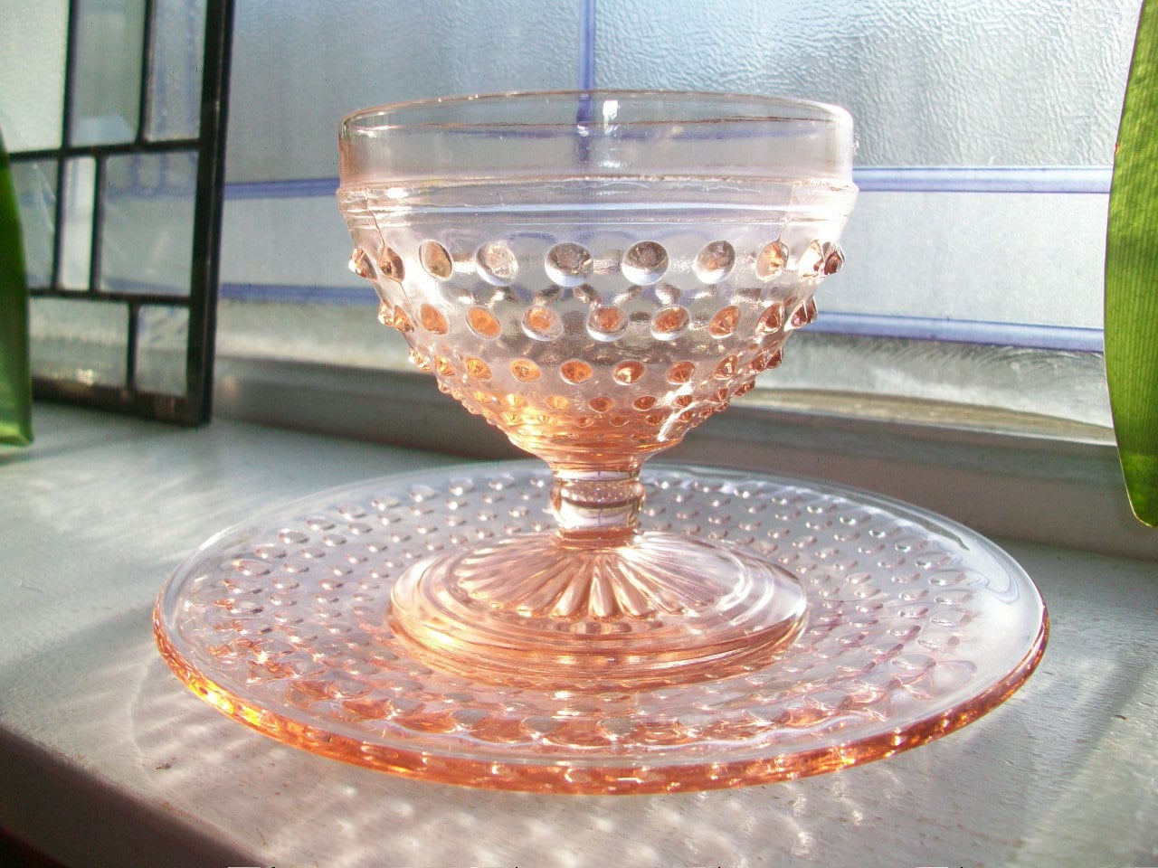 Vintage Pink Depression Glass Hobnail Sherbet and Plate 1930s