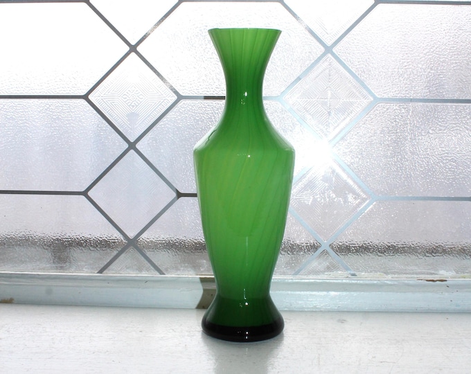 Mid Century Italian Empoli Spiral Striped Green Cased Glass Bud Vase