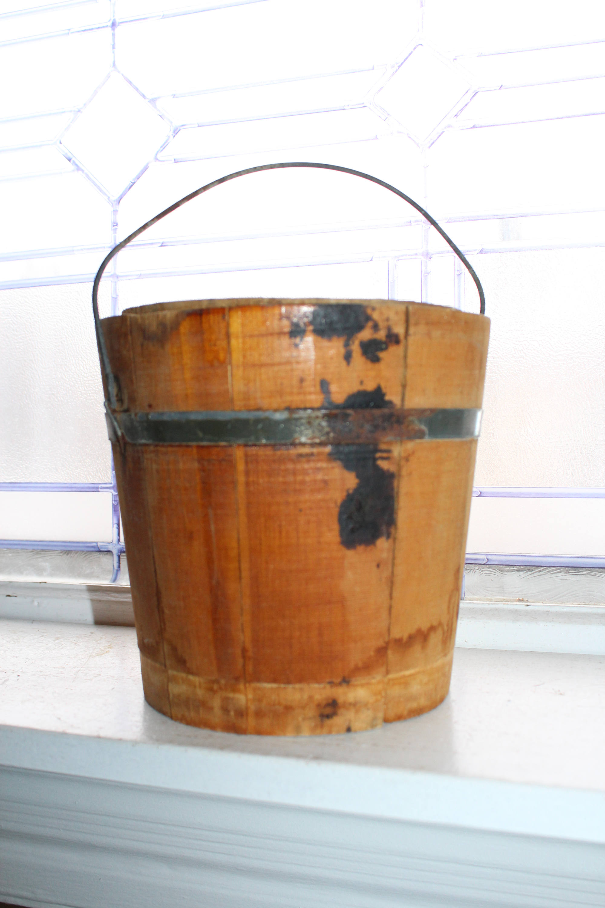 Antique Wood Bucket with Lid and Bale Handle Rustic Farmhouse Decor