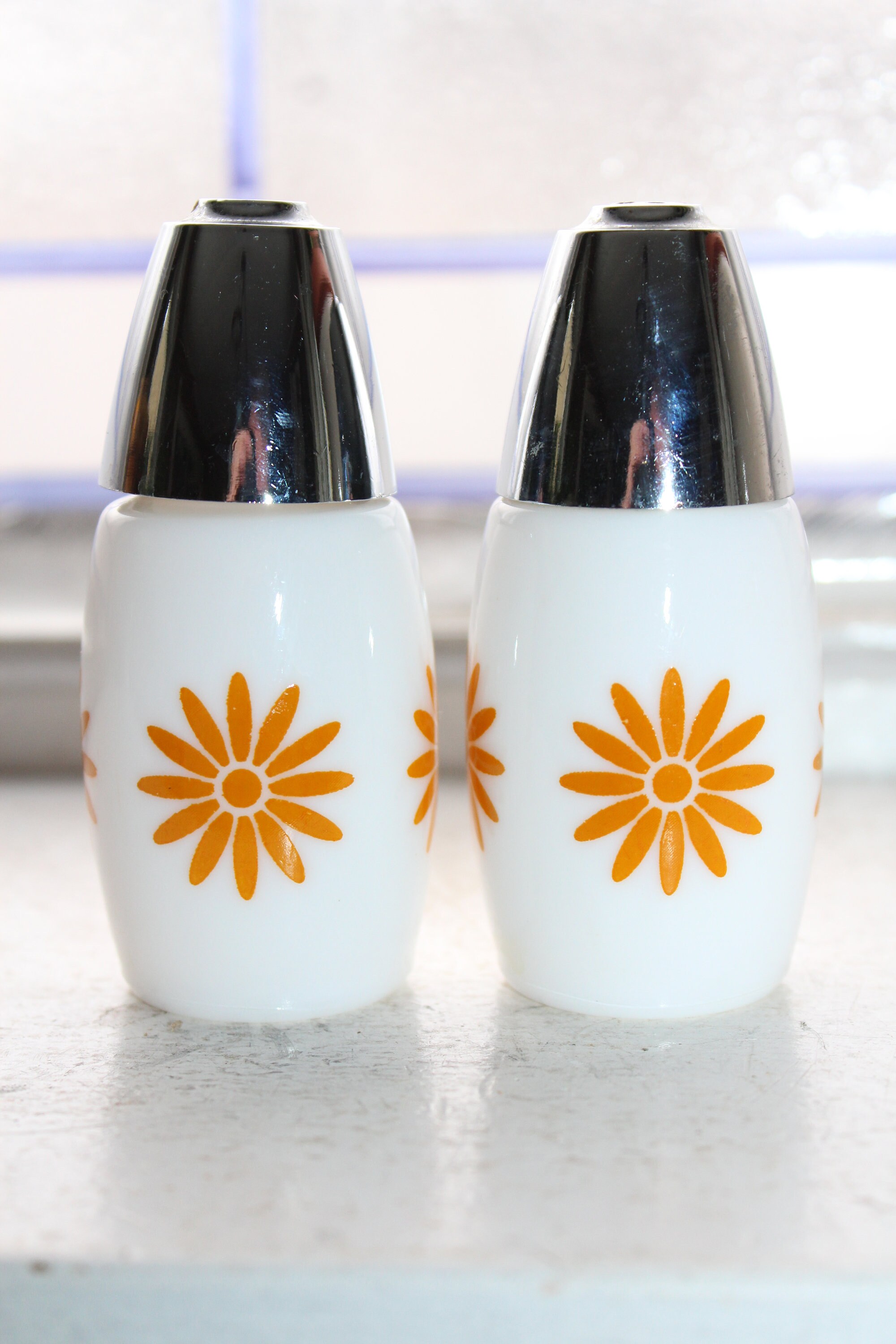 Vintage Salt and Pepper Shakers White with Sunflowers Westinghouse