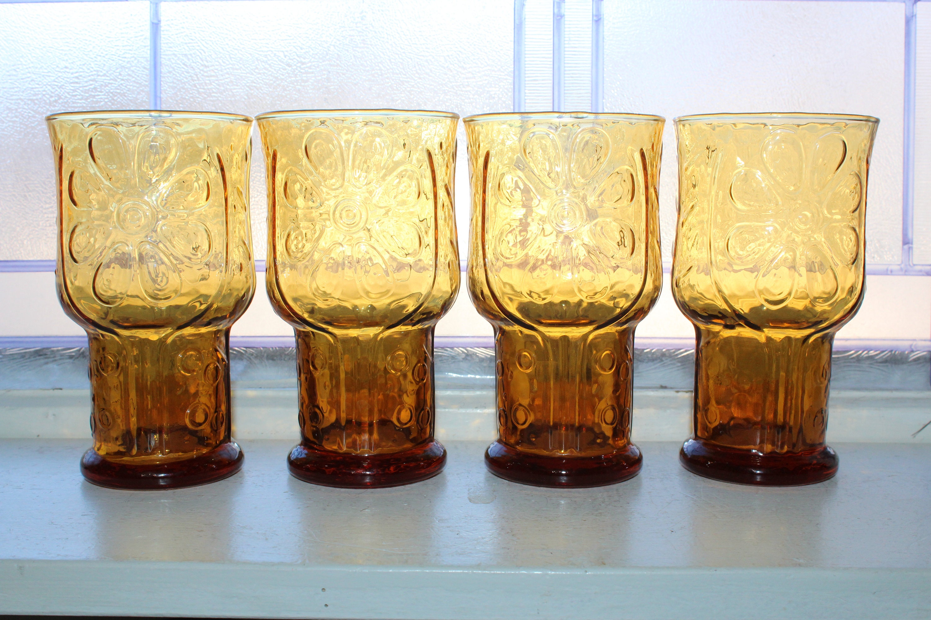 4 Vintage Amber Glass Tumblers Libbey Country Garden Flower