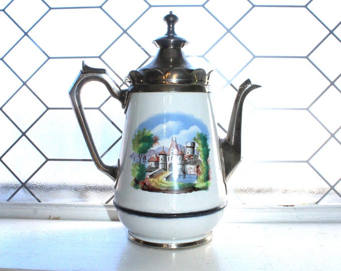 Antique Enamelware & Silverplate Coffee Pot with Castle Scene Manning Bowman