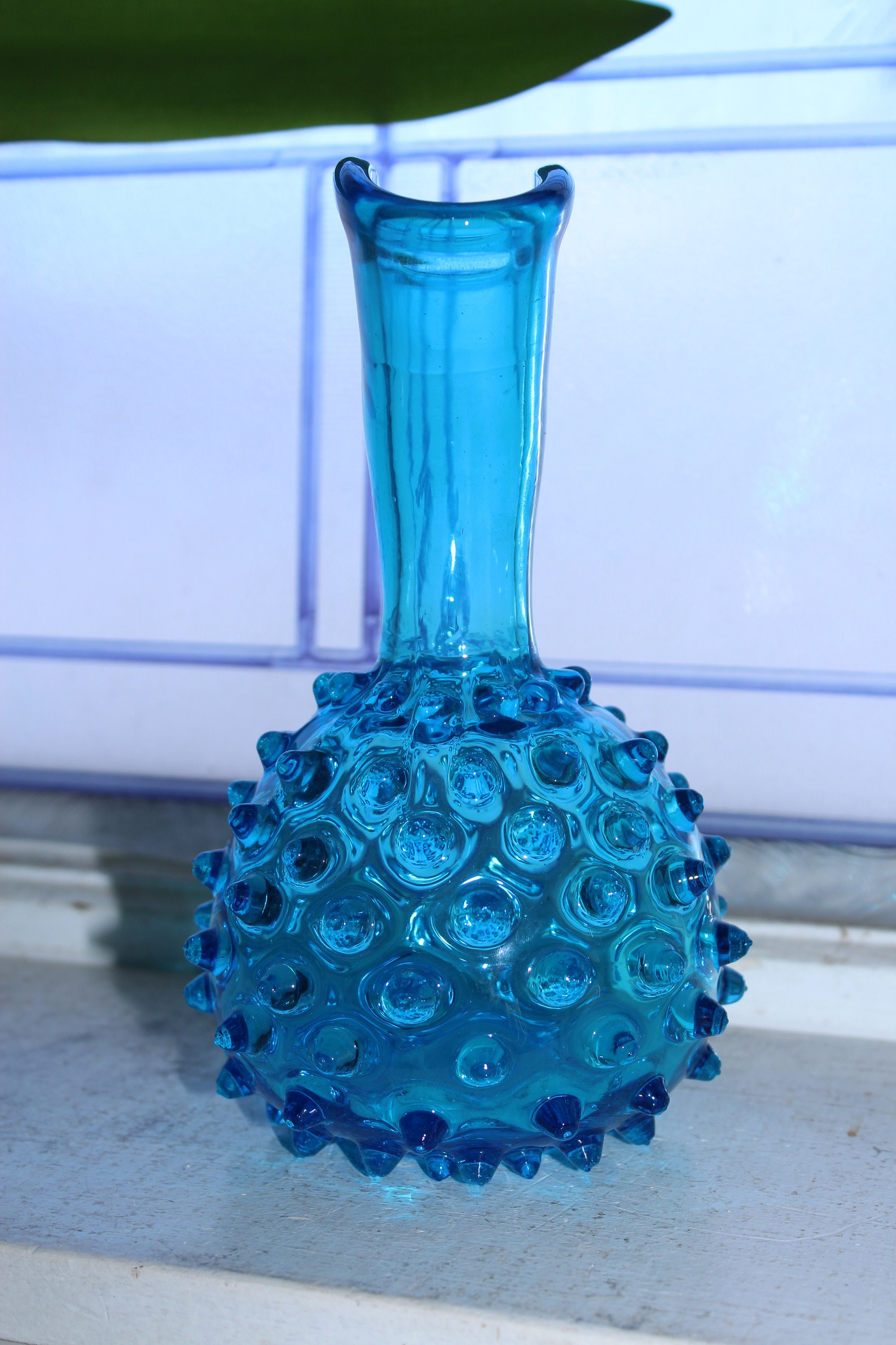 Vintage Blue Hobnail Glass Fan Vase