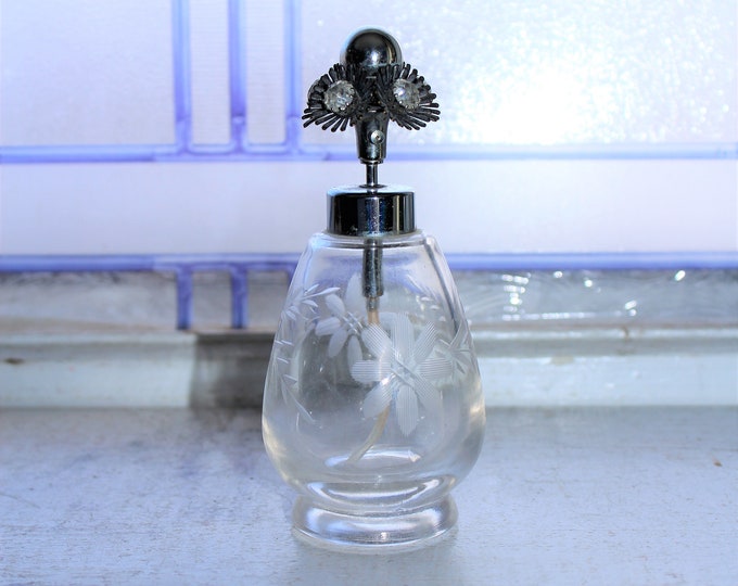 Vintage Cut Crystal Perfume Bottle with Rhinestone Flower Pump Lid