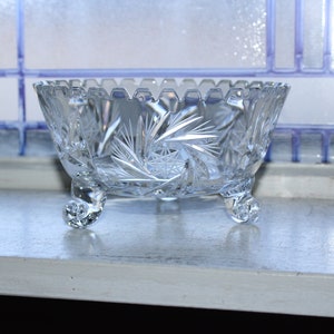 Elegant Vintage Cut Crystal Footed Bowl Pinwheel with Sawtooth Rim
