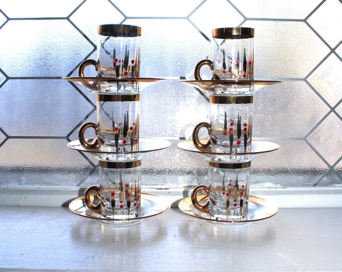 6 Glass Turkish Teacups and Saucers Gold and Red Dots