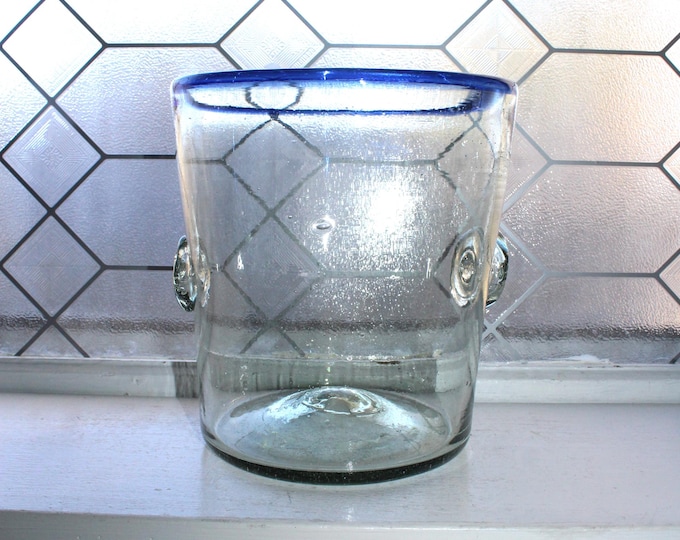 Vintage Mexican Glass Ice Bucket with Blue Rim