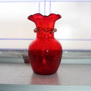 Vintage Mid Century Red Crackle Glass Vase with Clear Applied Ribbon image 1