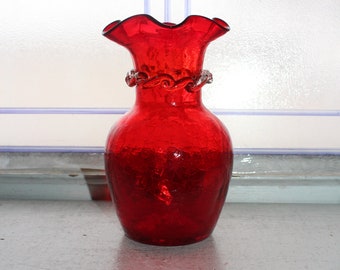 Vintage Mid Century Red Crackle Glass Vase with Clear Applied Ribbon