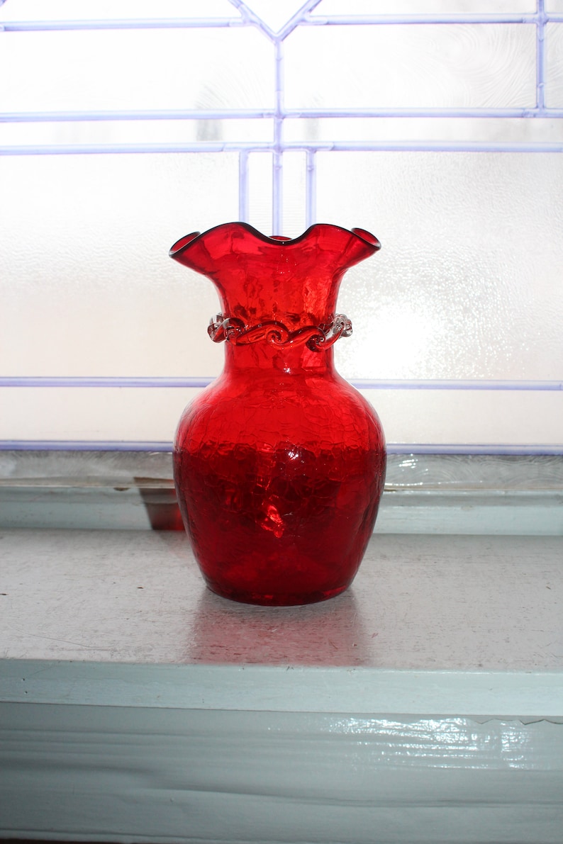 Vintage Mid Century Red Crackle Glass Vase with Clear Applied Ribbon image 1