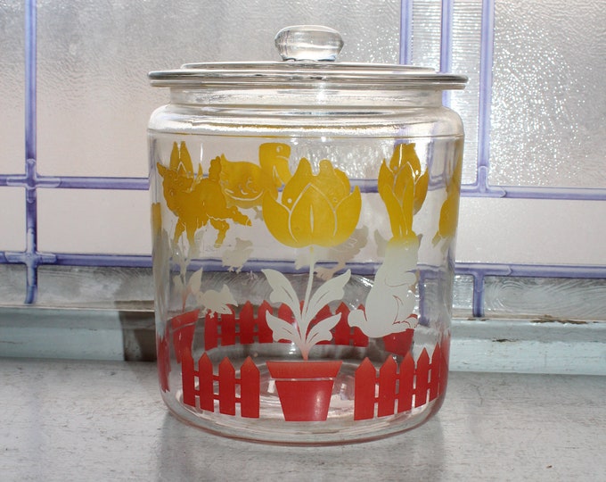 1950s Glass Jar Red White & Yellow Flowers Animals Kitchen Canister