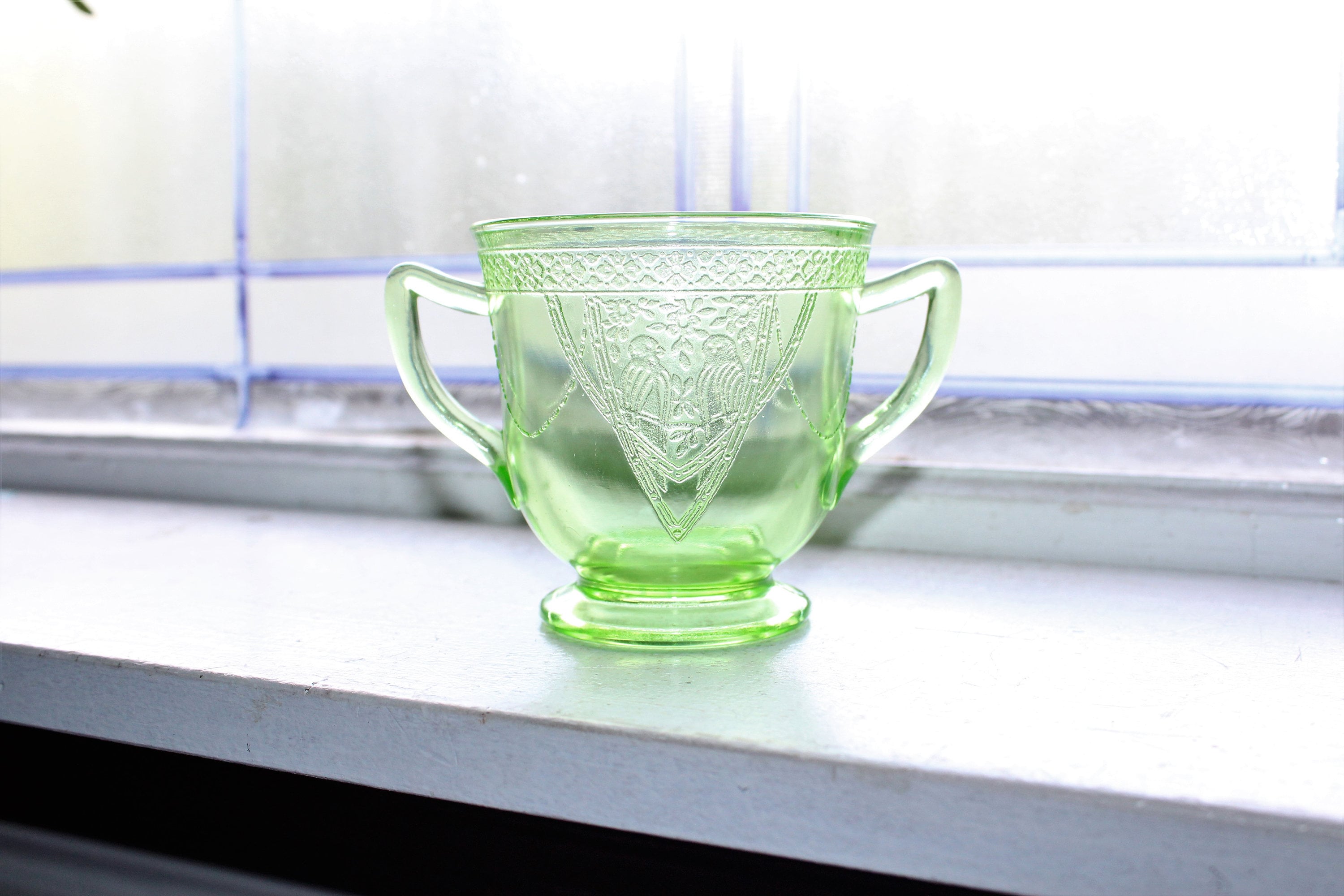 Green Parrot Depression glass Cup and saucer set