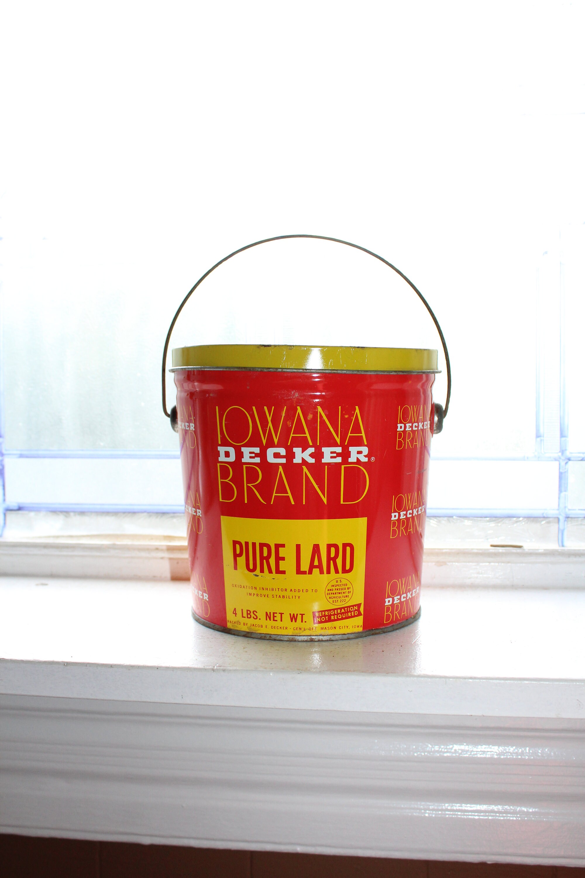 Vintage Decker Pure Lard Tin with Wire Bale Handle Red and Yellow