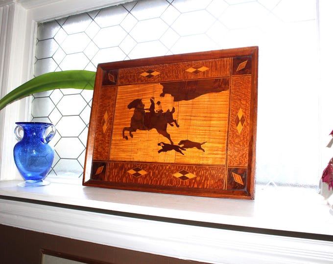 Large Antique Wood Marquetry Tray Plaque English Fox Hunt Dogs People On Horses