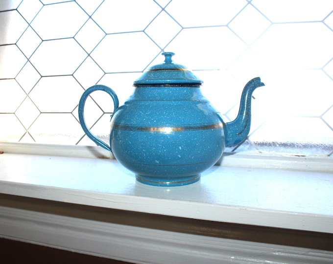Antique Robin's Egg Blue Speckled Enamelware Teapot Graniteware w Gold Trim