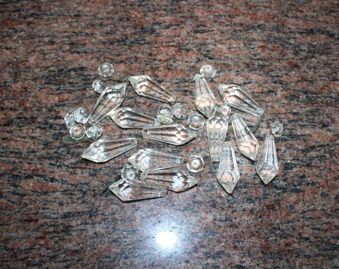 14 Antique Victorian Faceted Crystal Prisms with Attached Round Crystals
