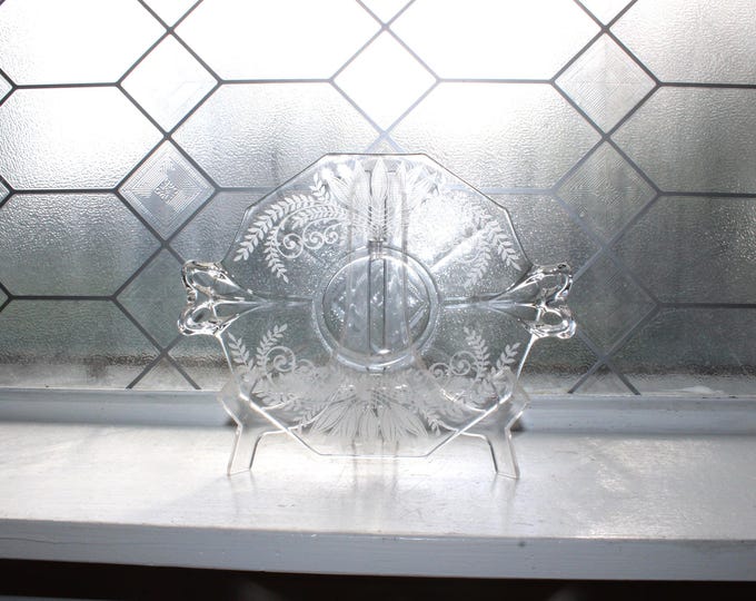 Fostoria Glass Lemon Plate with Bow Handles Fern Rose Bowl 1920s
