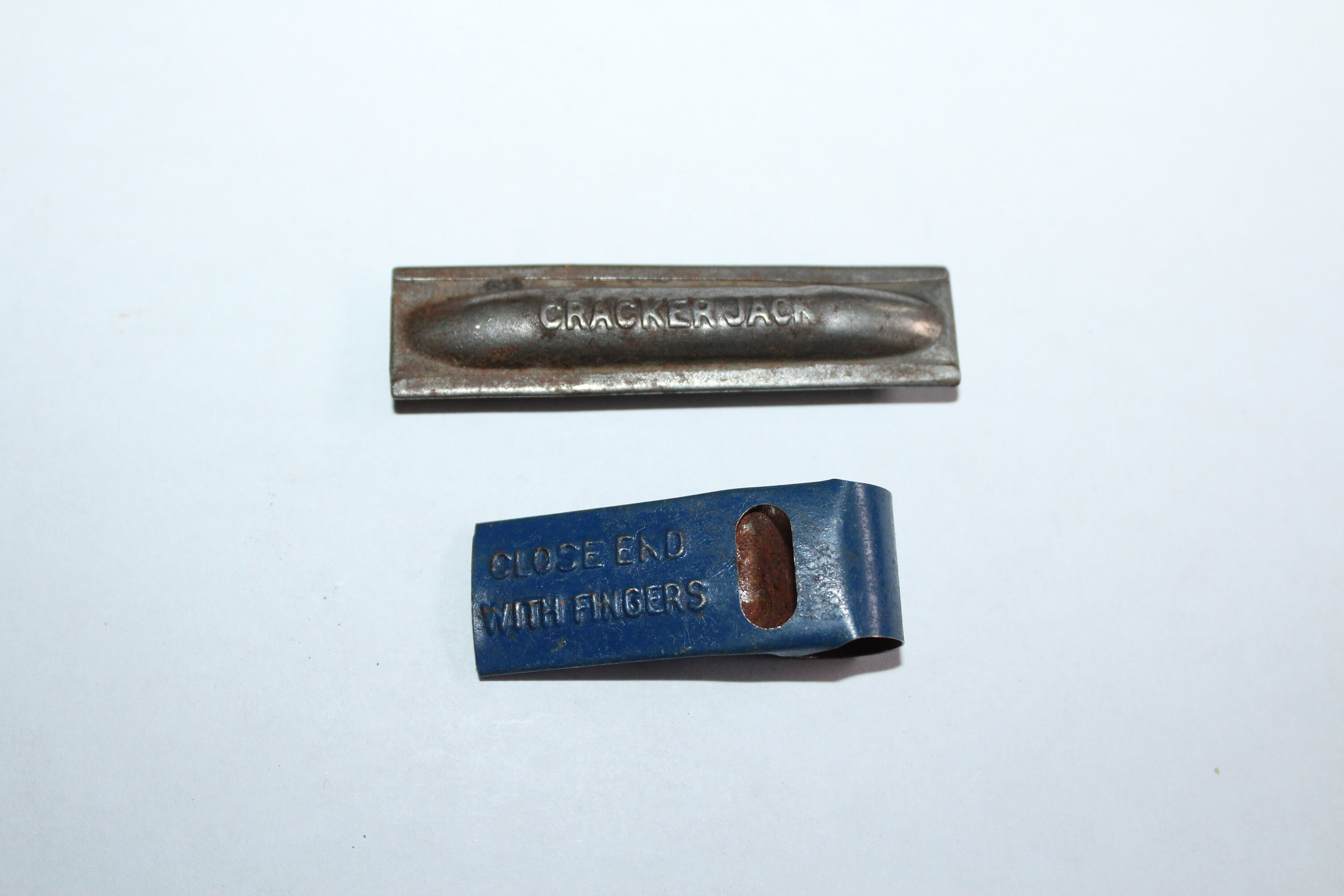 2 Vintage Cracker Jack Tin Whistles