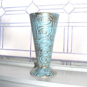 Large Mid Century Cleminson Gold Brush Pottery Vase Turquoise and Gold