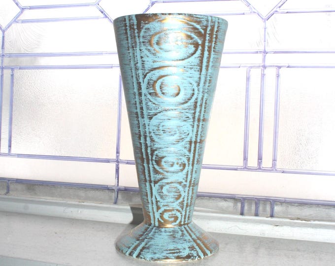 Large Mid Century Cleminson Gold Brush Pottery Vase Turquoise and Gold