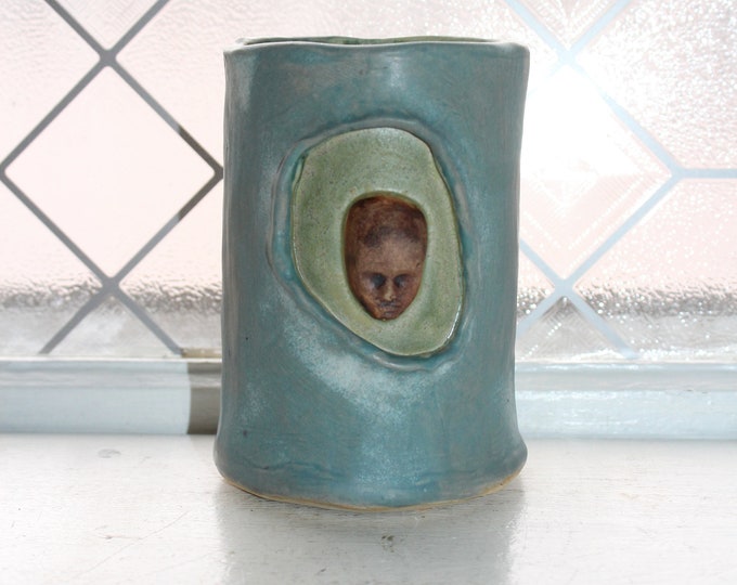 Vintage Studio Art Pottery Vase with 3D Face by B Cole