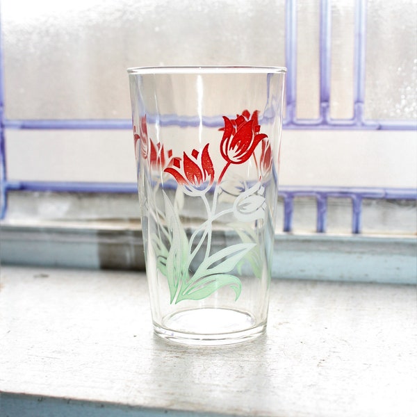 Vintage Mid Century Glass Tumbler Red White and Green Tulips