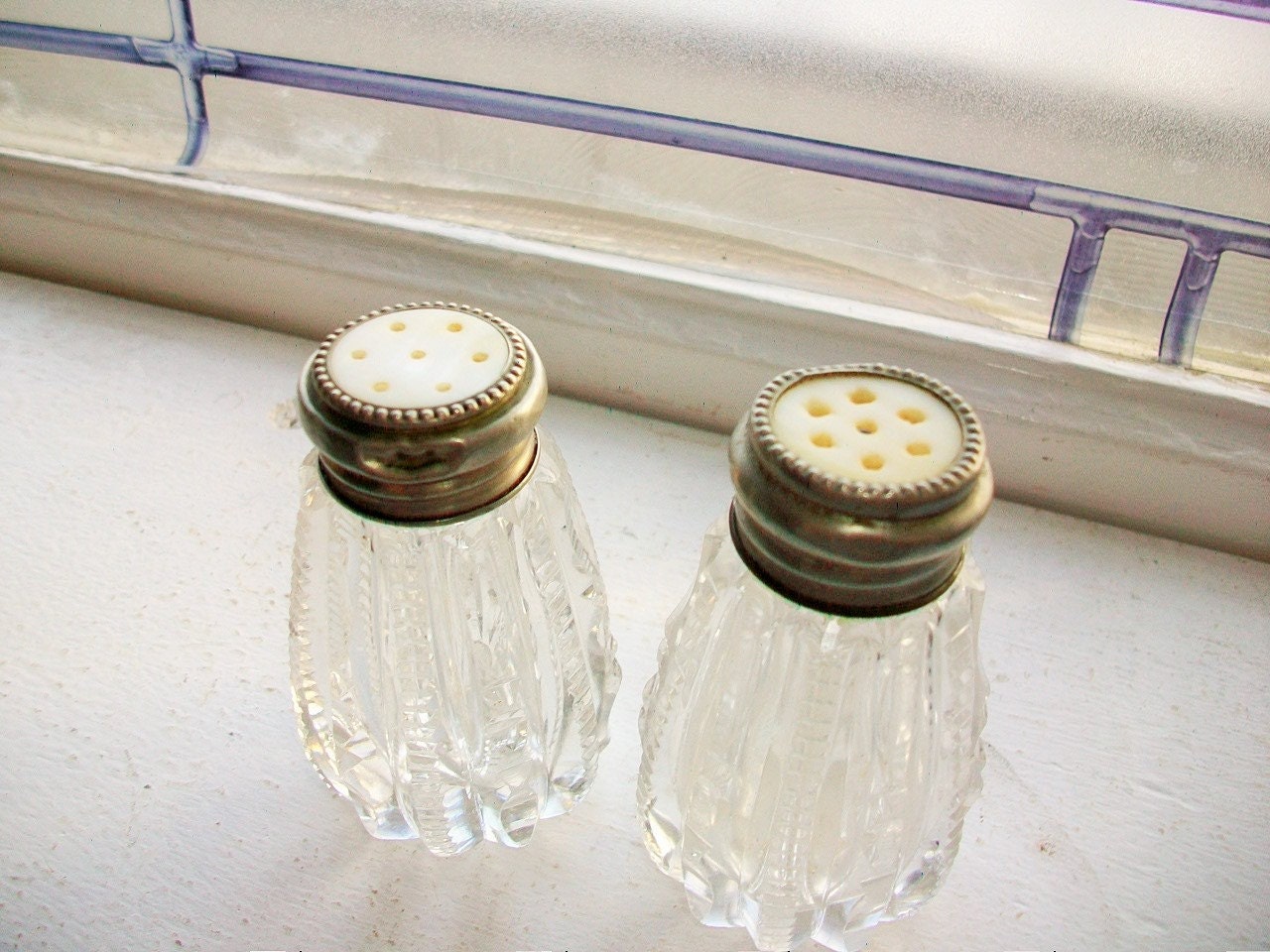Antique Salt and Pepper Shakers Crystal and Sterling Silver with Mother