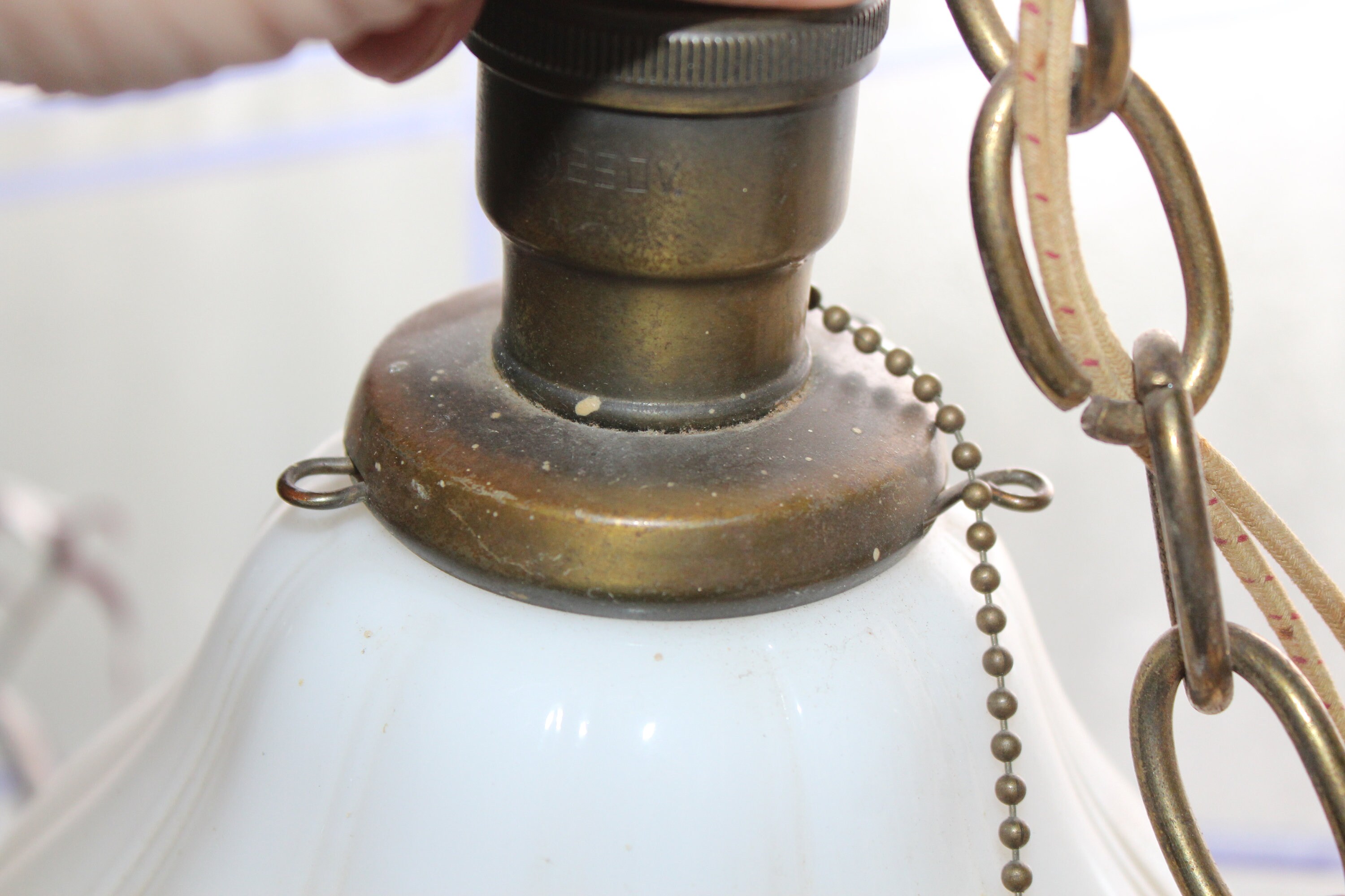 Vintage 30s Hanging Pendant Light Fixture with Ribbed Milk Glass Shade