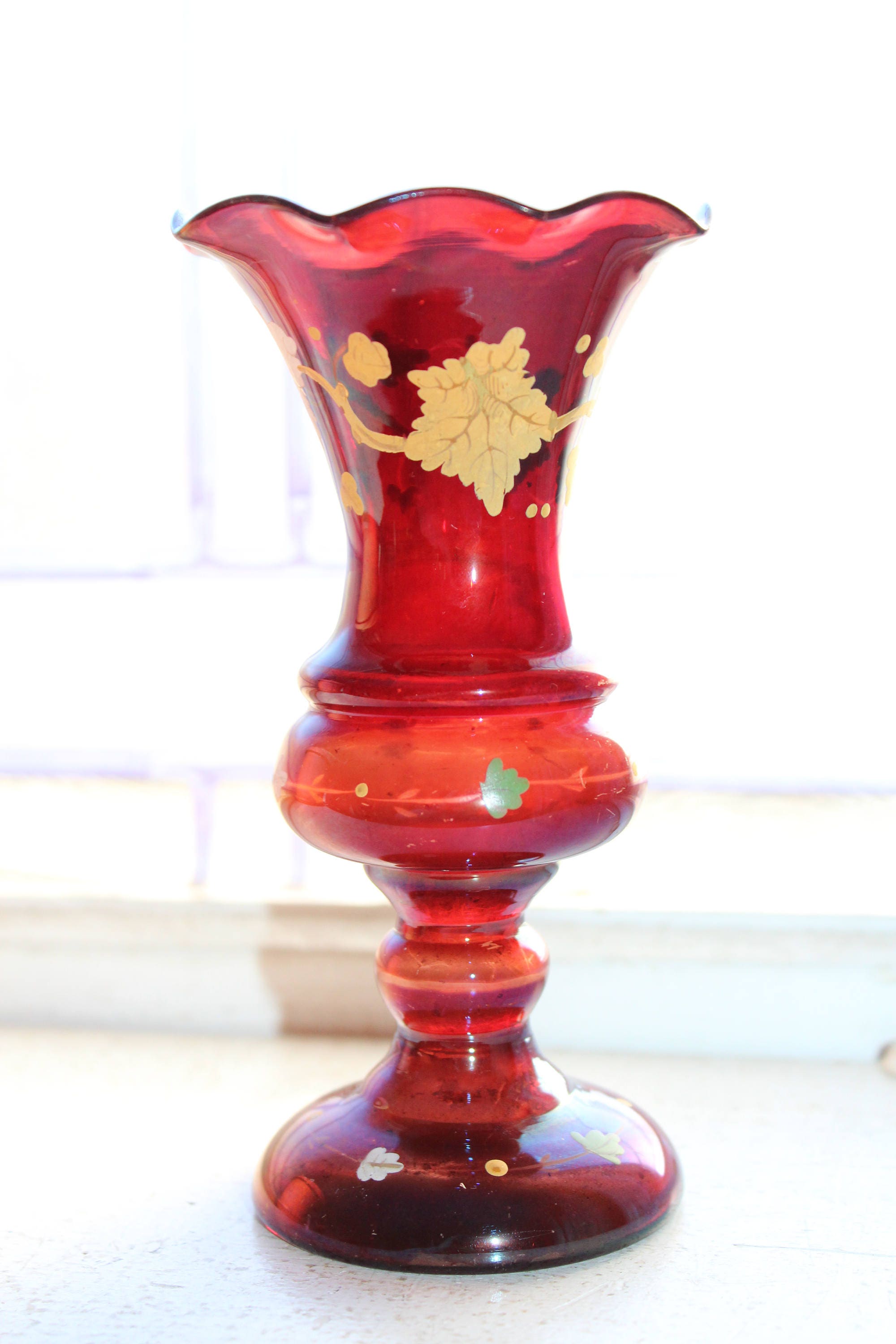 Victorian Ruby Red Glass Vase Painted Grape Leaves Decor Antique 1800s