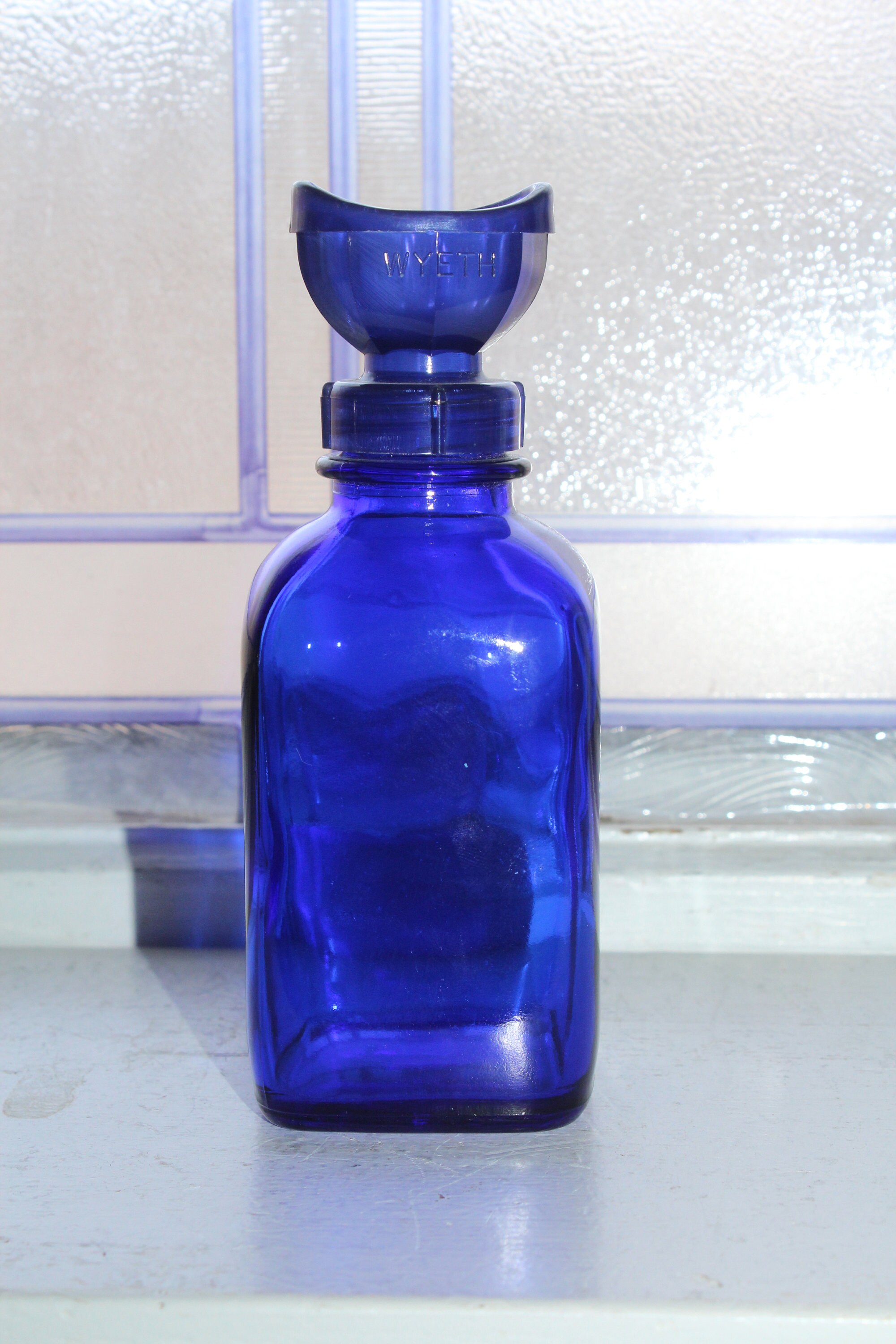 Cobalt Blue Glass Bottle Vintage Wyeth Eye Wash with Cup Cap