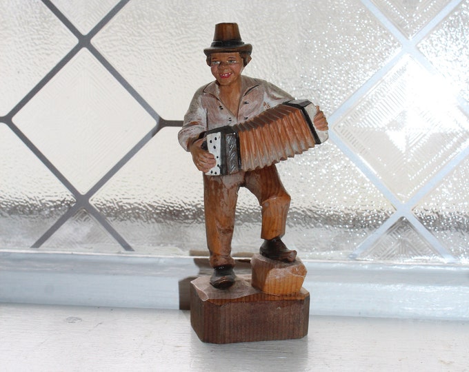 Vintage Anri Musician Carved Wood Figurine Accordian Player